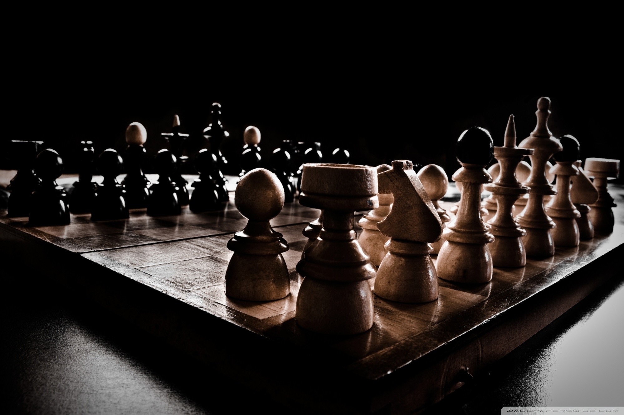 Chess board with chess, Black background, 3d chess, 3d chess black and  white pieces, HD wallpaper