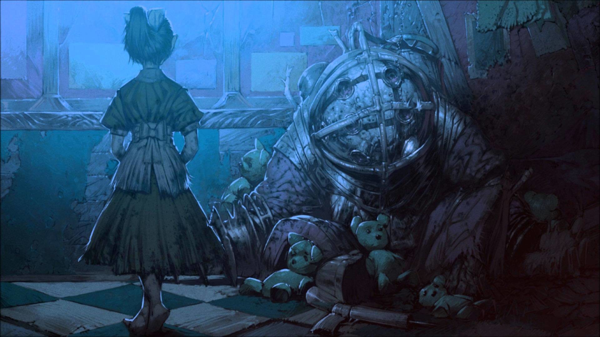 Video Game Bioshock Big Daddy Little Sister Drawing Teddy Bear Wallpaper 1920x1080
