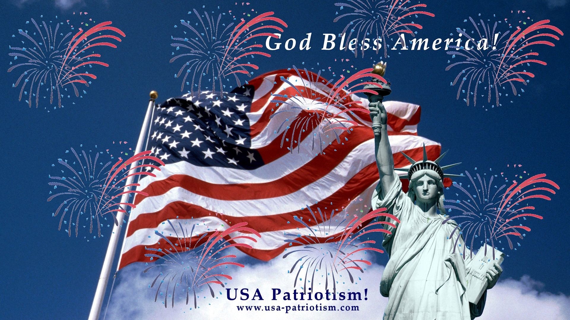 ... God Bless America with fireworks background for wide screen TVs and mon...
