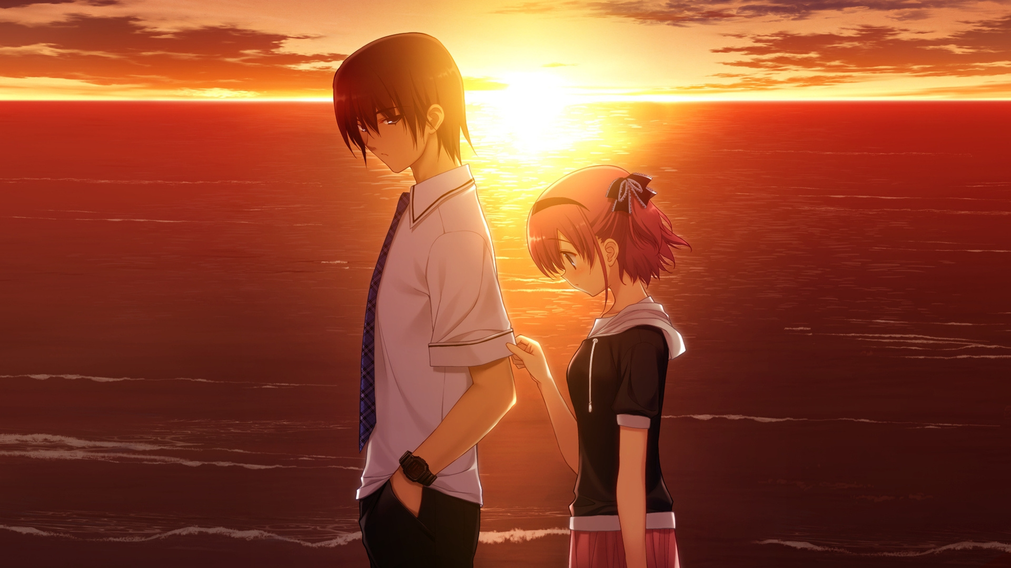 3840x2160 Wallpaper boy, girl, sad, sunset, sea 3840x2160