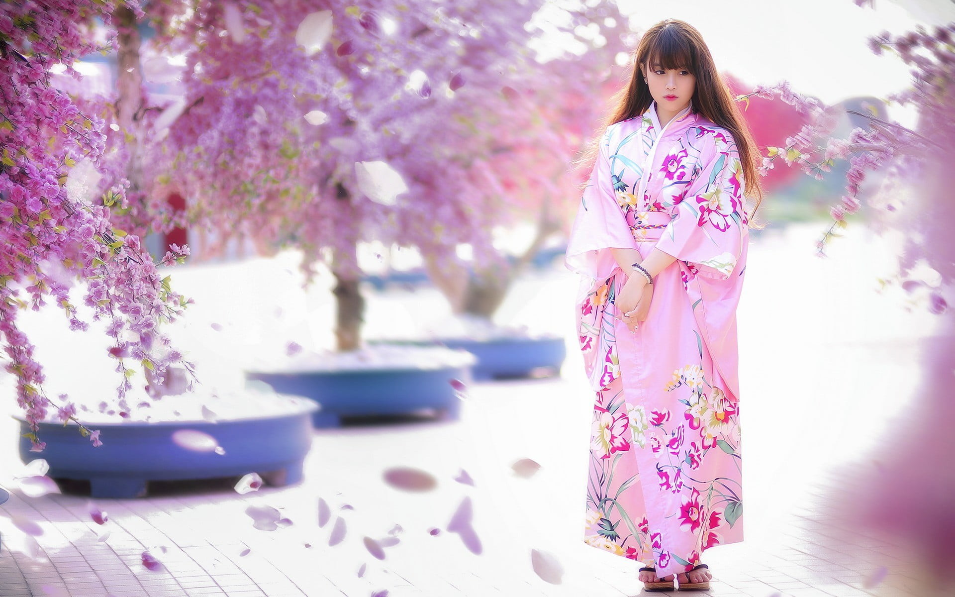 woman wearing floral kimono under cherry blossom, Asian, model 1920x1200.
