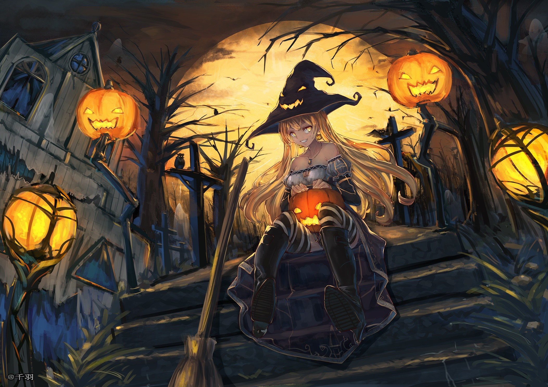 Wallpaper Anime, Pumpkin, Halloween, Painting, Fictional Character,  Background - Download Free Image