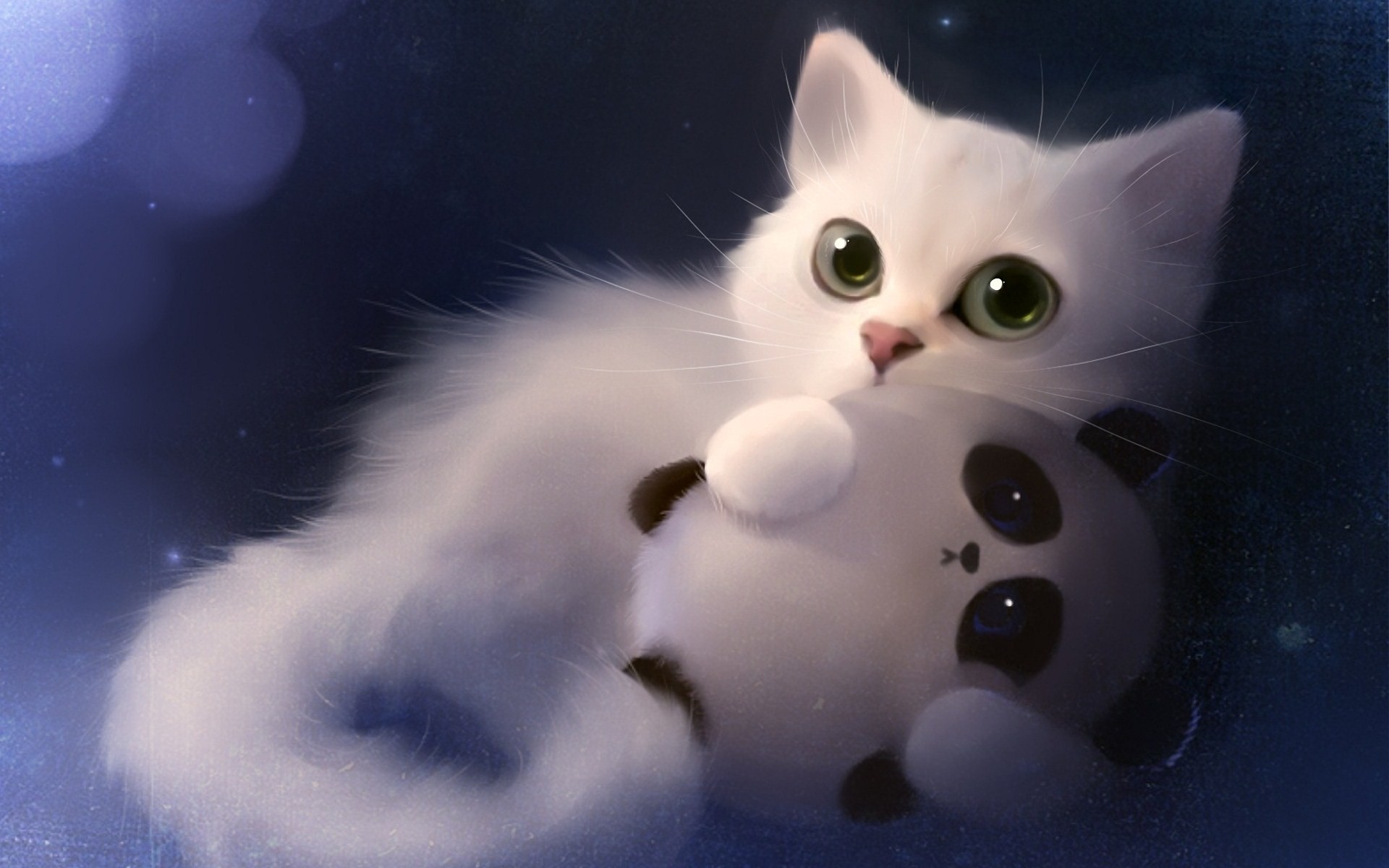 White cat playing with a panda wallpaper 1920x1200