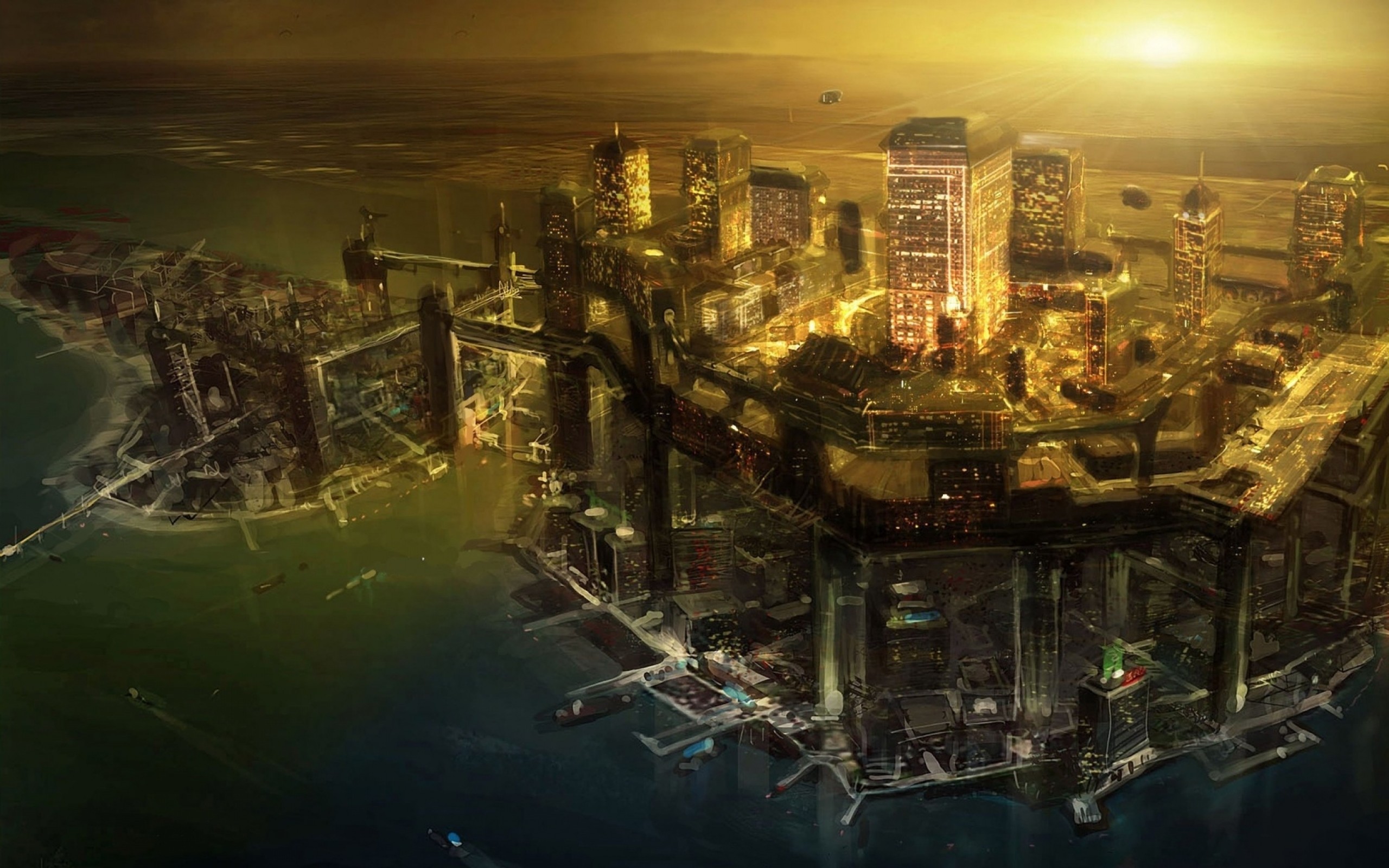 Города в компьютерных играх. Deus ex Human Revolution город. Deus ex City. Deus ex 2000 Concept Art. Город будущего.