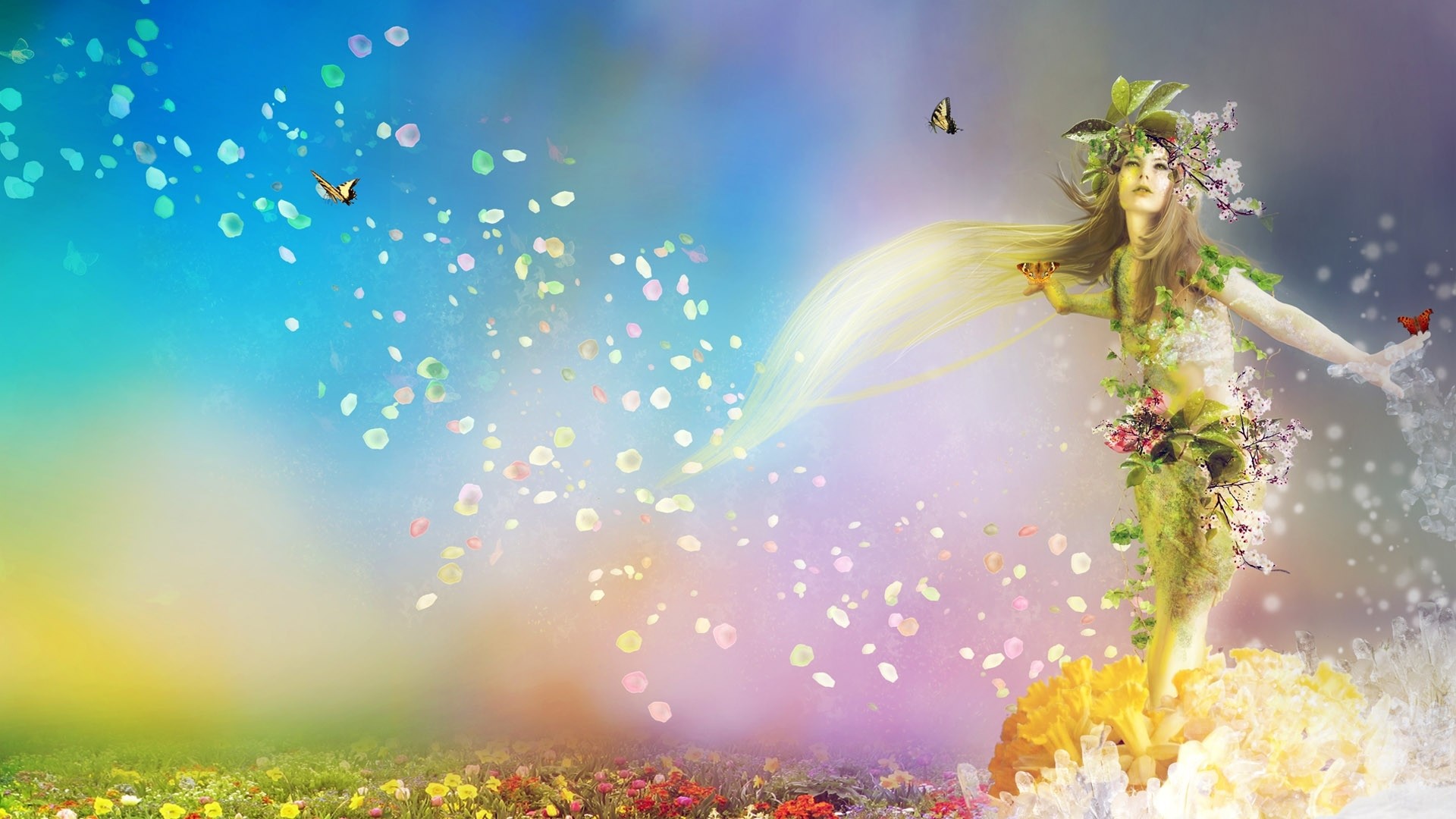 Preview wallpaper spring, nature, flowers, butterflies, girl 1920x1080 1920x1080