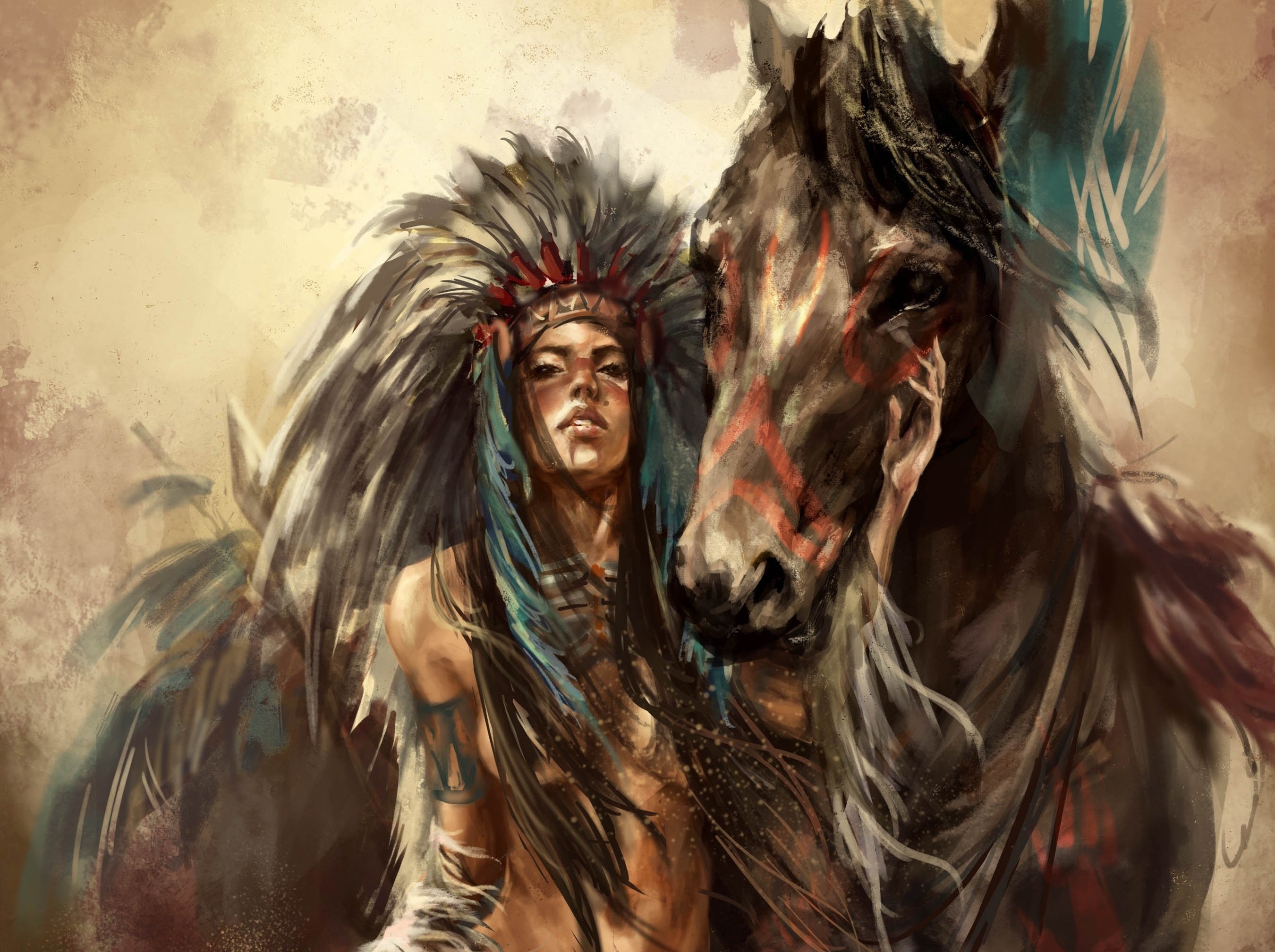 Girl Horse Feathers Art Native American Babe Sexy Painting Art Wallpaper At...