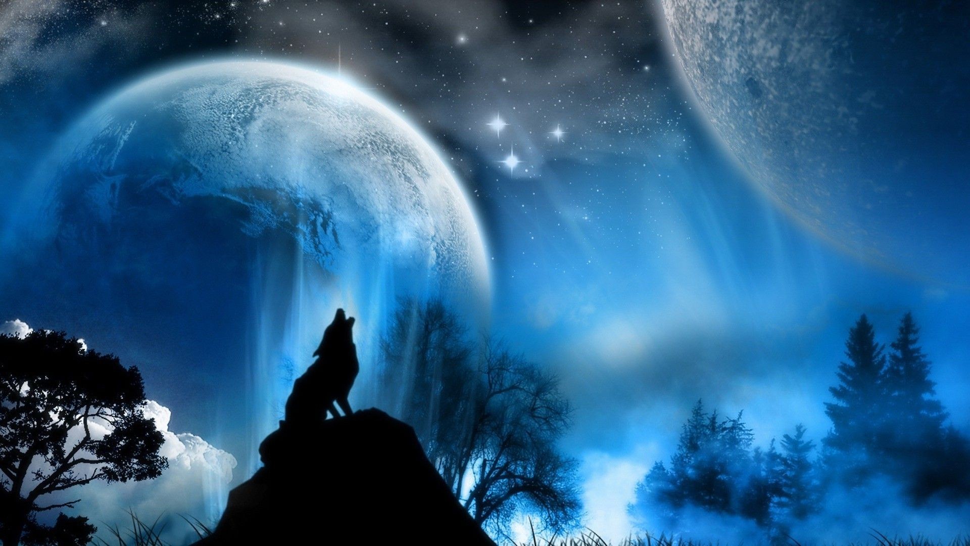 Premium Vector  Wolf howling at the moon illustration landscape with full  moon vector wallpaper and background