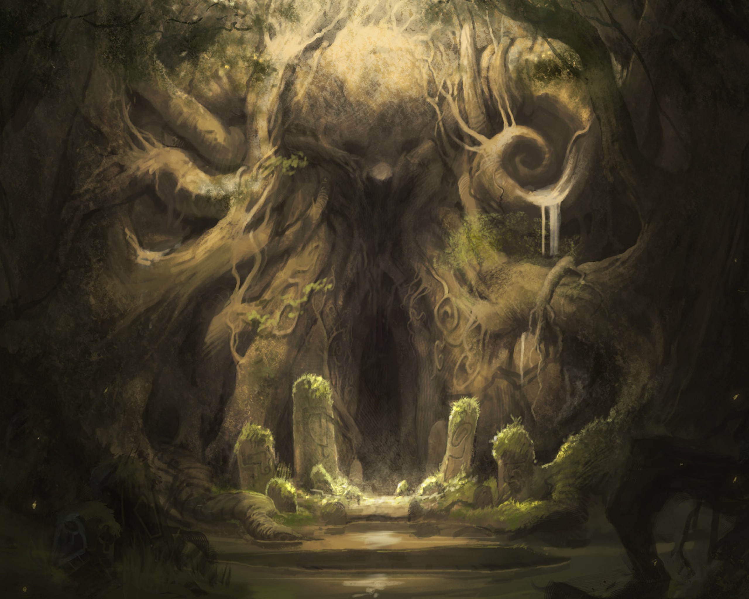 Мифологический подземный мир. Дерево на Холме Лавкрафт. Зачарованный лес Лавкрафт. Эльфийские врата варкрафт. Лавкрафт арт пещера.