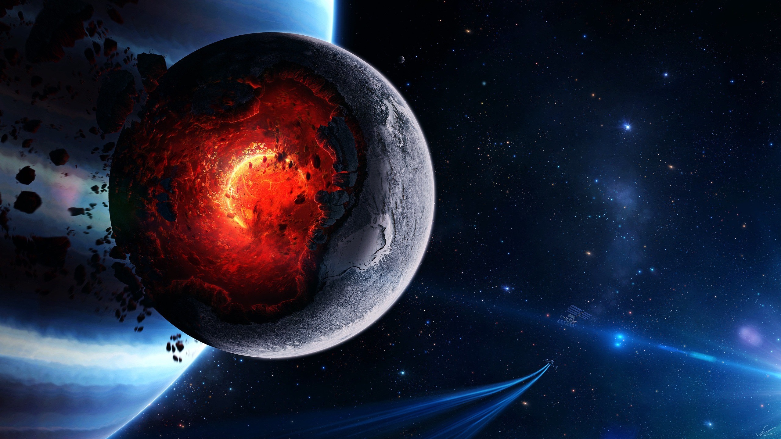 2560x1440 Wallpaper space, cataclysm, planet, art, explosion, asteroids,  comets, 2560x1440