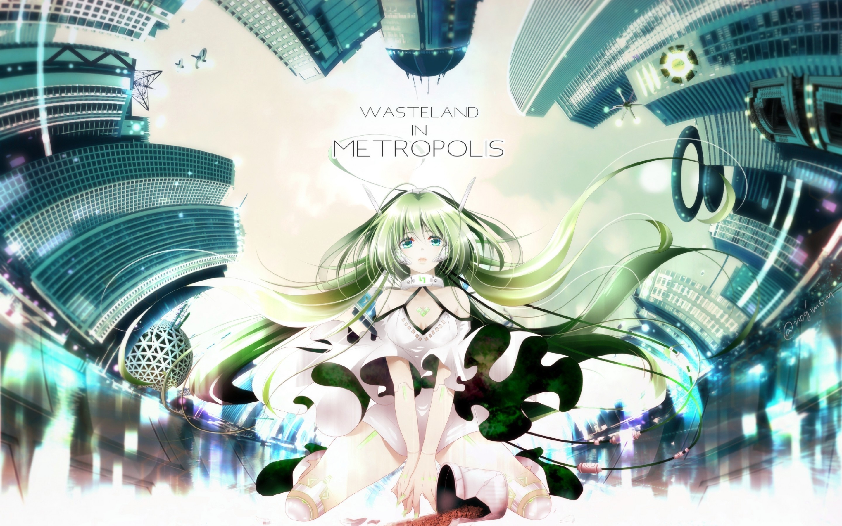 Vocaloid, Gumi, Green Hair, Sitting, Dress, Wasteland In Metropolis 2880x1800