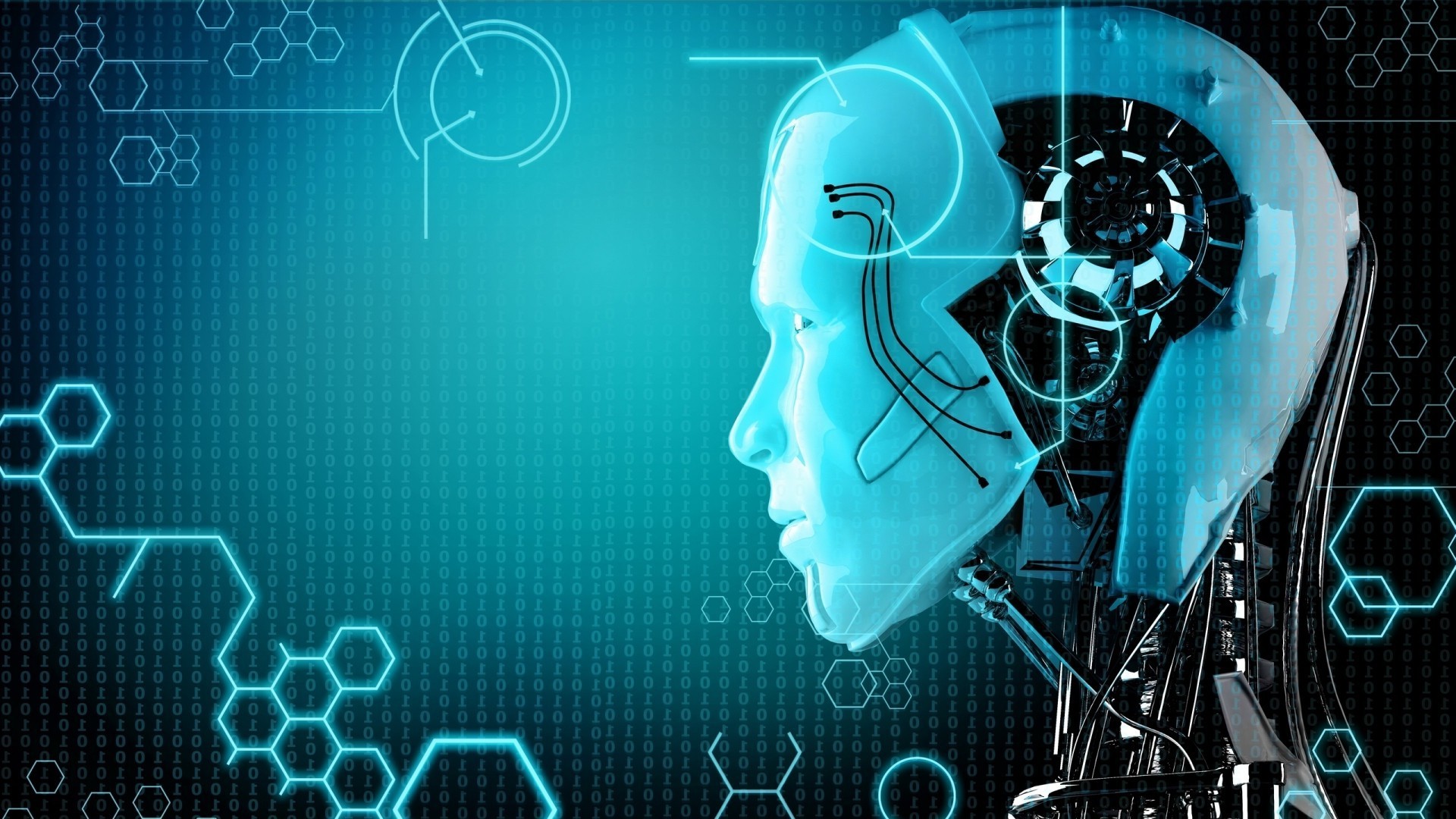 face illustration digital art portrait robot glowing text numbers profile  hexagon geometry technology circle binary wires 1920x1080