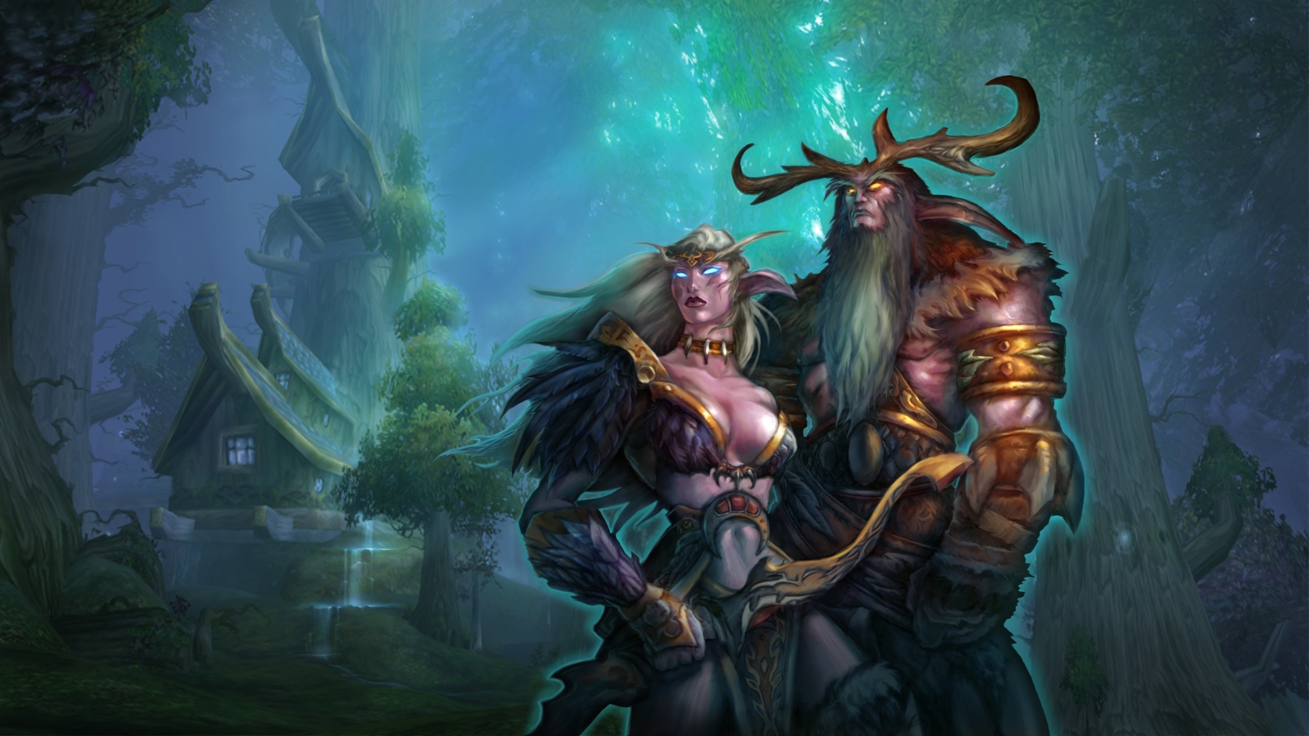 ... Warcraft elves, #blue hair, #fantasy art, #World of Warcraft, #  Wallpaper bow, ... 2560x1440