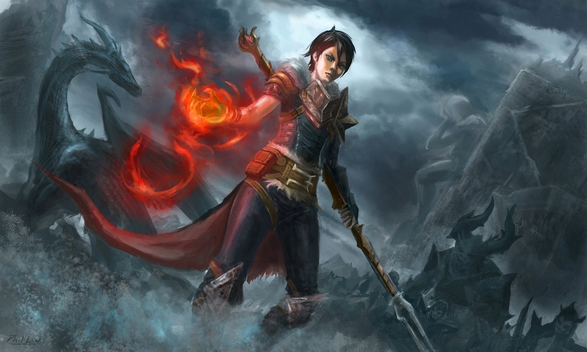 art dragon age hawke hawk girl magician dragon battle magic staff fire ork  the army statue 1920x1152