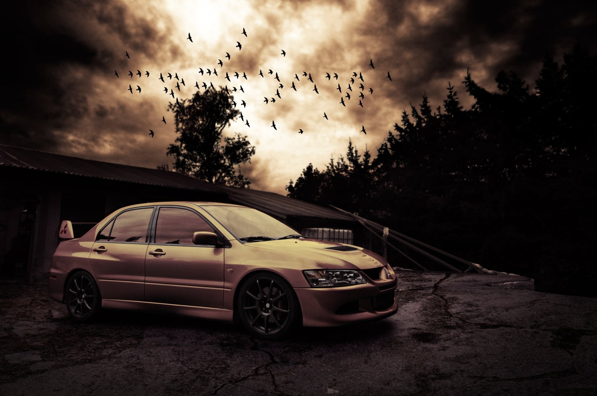 mitsubishi lancer evo viii birds night 1920x1275