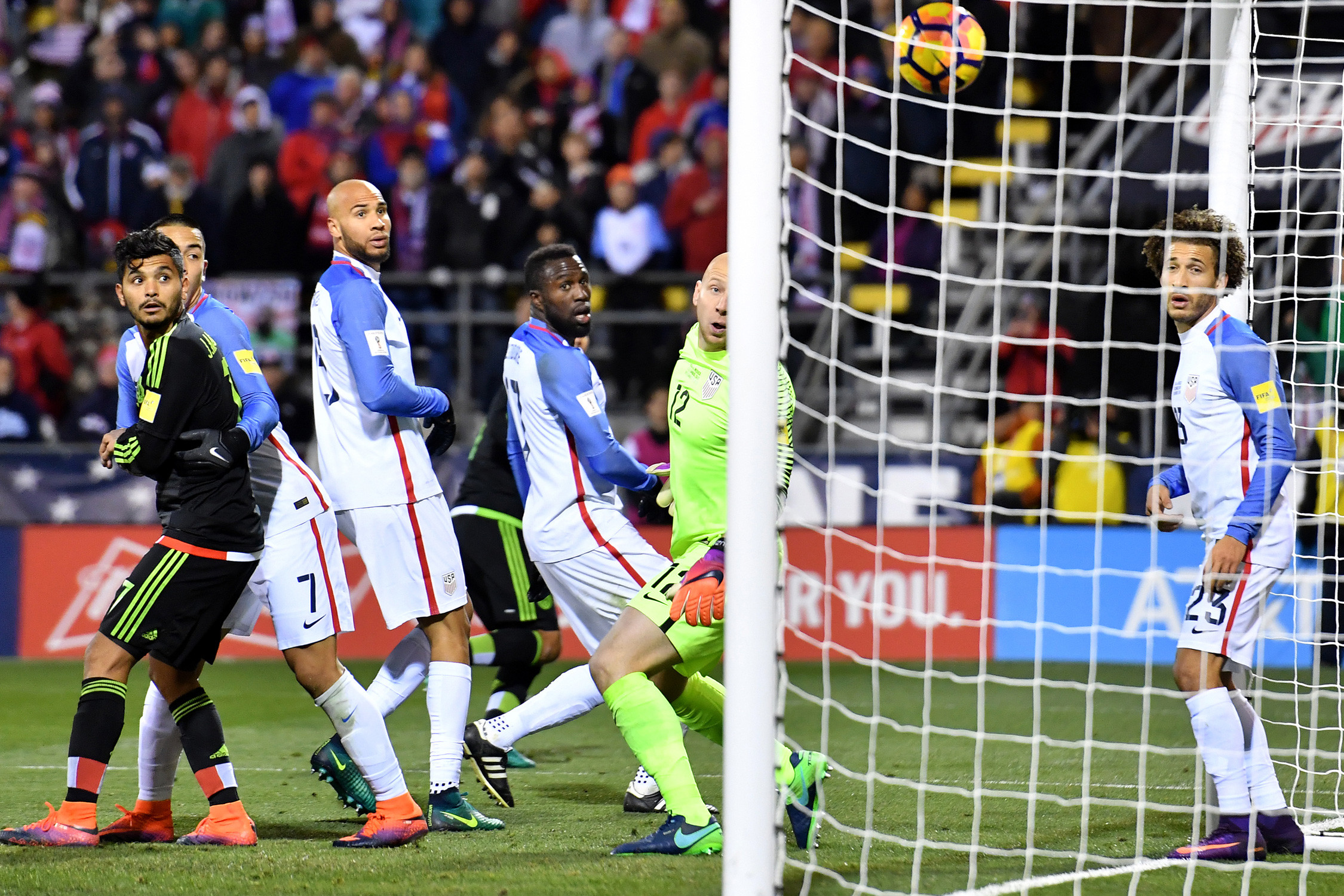 USA and Mexico players watch Rafa Marquez's 89th-minute header find the net  in a 2250x1500